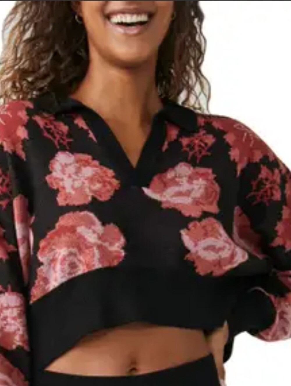 Free People Black V-Neck Cropped Sweater with Pink Floral Print Sz S